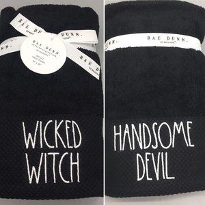 Rae Dunn Halloween WICKED WITCH & HANDSOME DEVIL Hand Towel Set 2 Black Bathroom